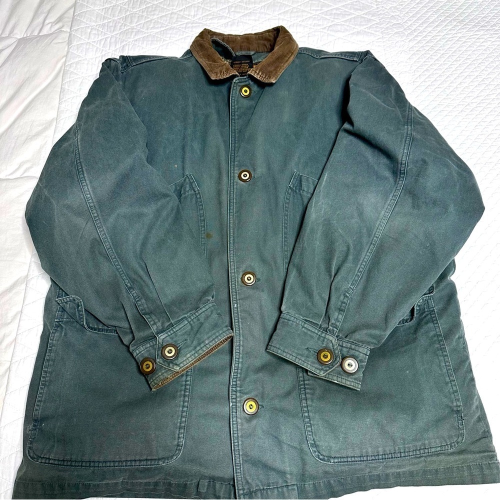 VINTAGE Eddie Bauer Chore Jacket Men L Green Goose Down Removable Liner Dad coat